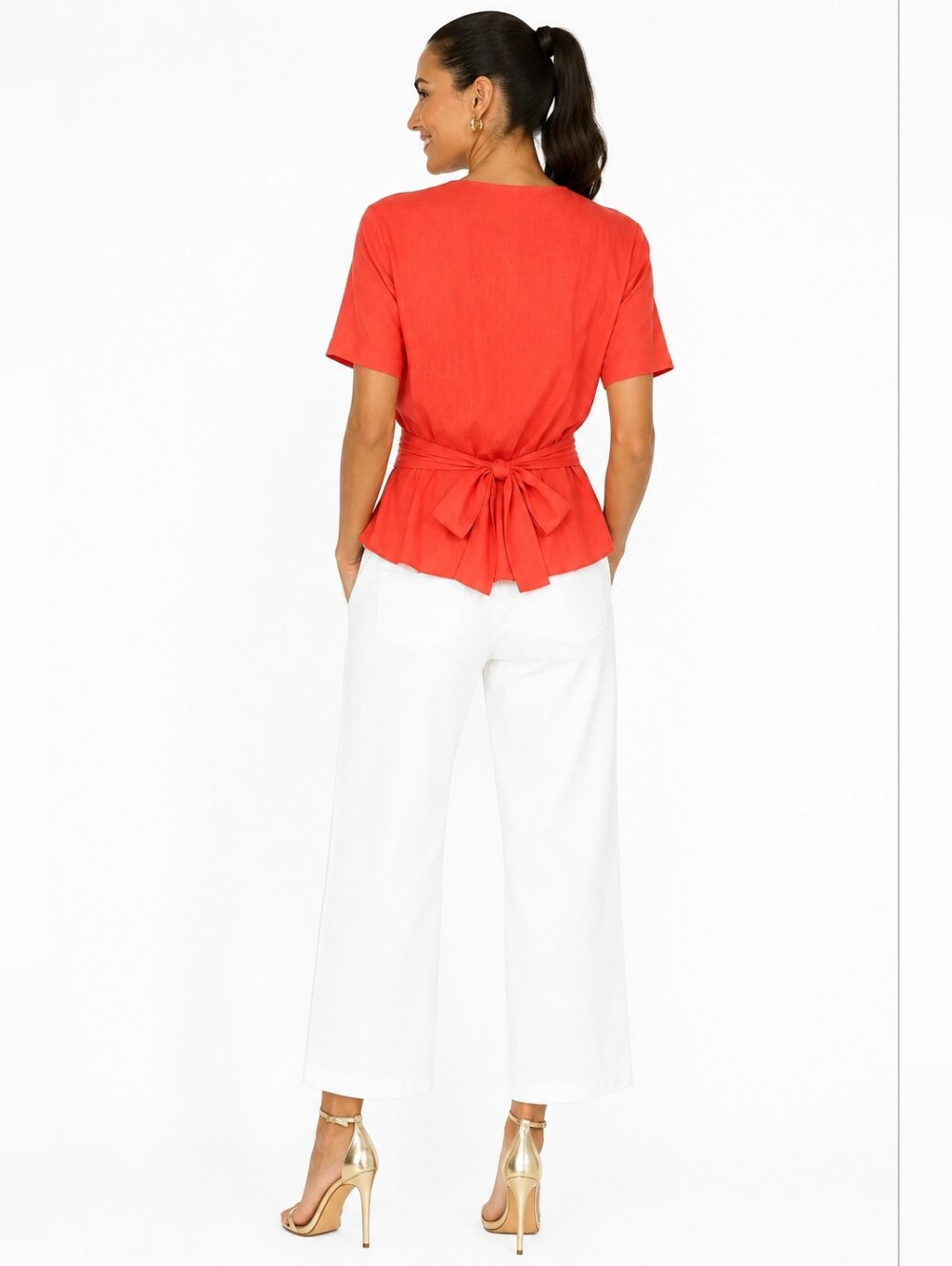 Louis Feraud Coral Cotton Peplum Blouse Tie Back Gold Logo Buttons US 12 - Picture 4 of 12